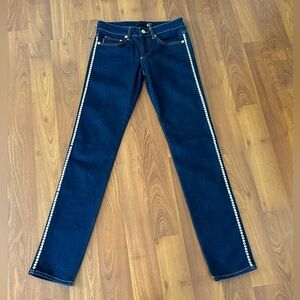 JustCavalli dark blue denim pants with round flat gold studs on the side Size 27
